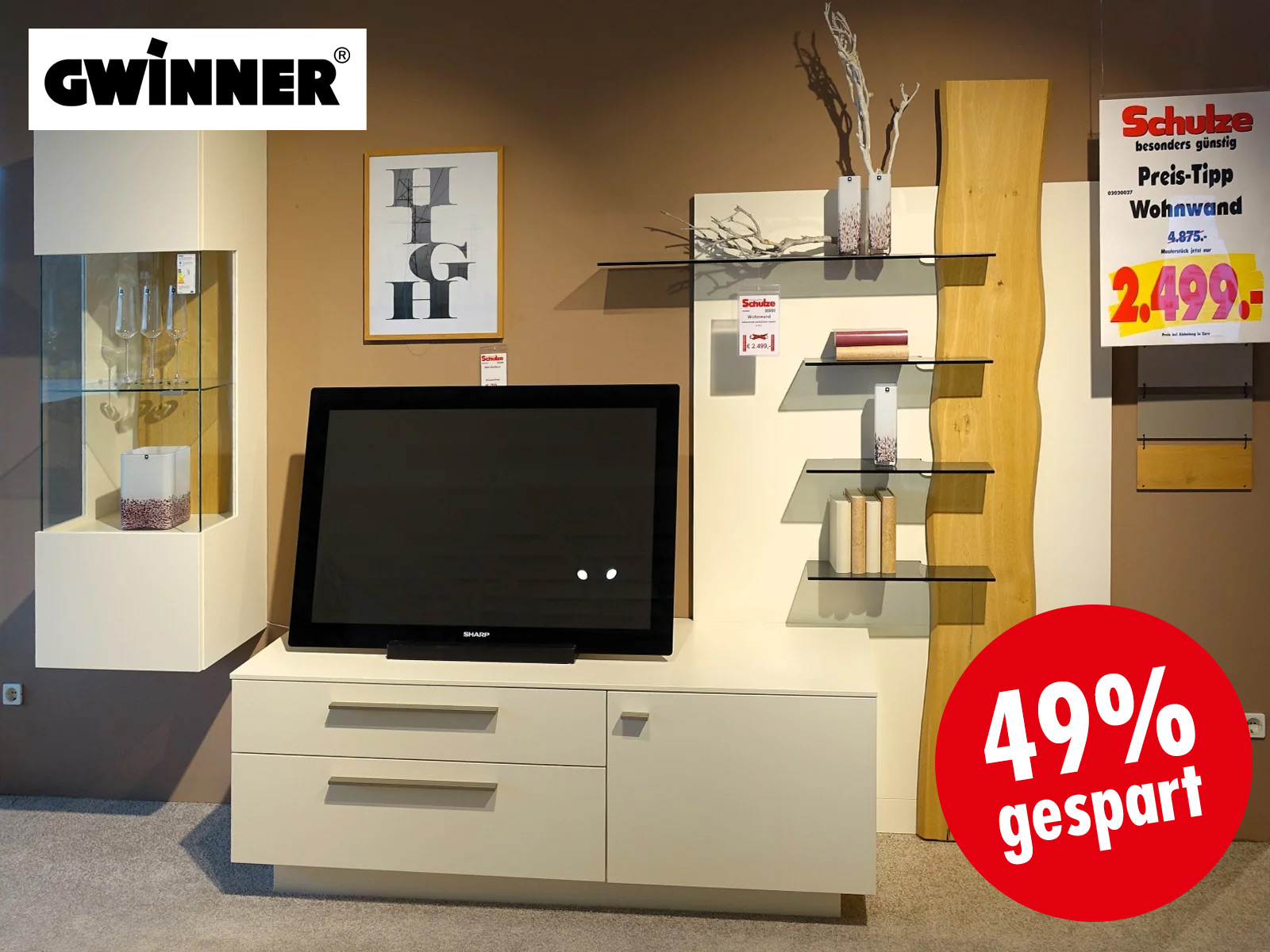 Gwinner Wohnwand Lucca Seidenmatt Weiss Eiche Massiv 02020027