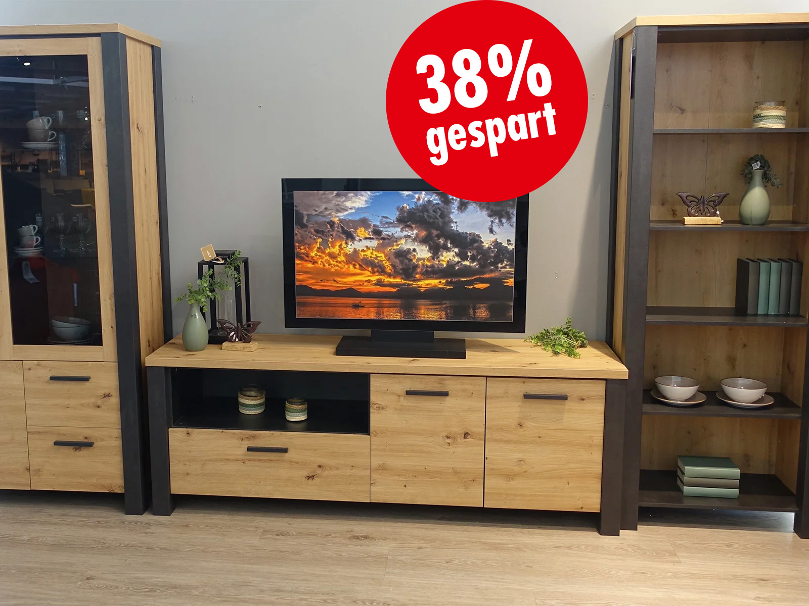 Maeusbacher Tv Wohnwand Letizia Mit Vitrine Asteiche Schwarzstahl 14020191 01