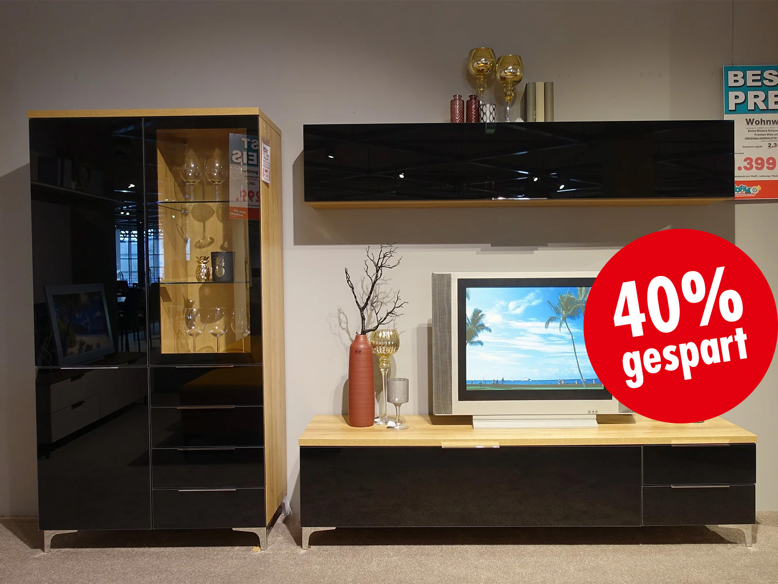 Tv Wohnwand Shino Tv Board Haengeschrank Vitrine Eiche Rivera Glas Schwarz  02540314 1