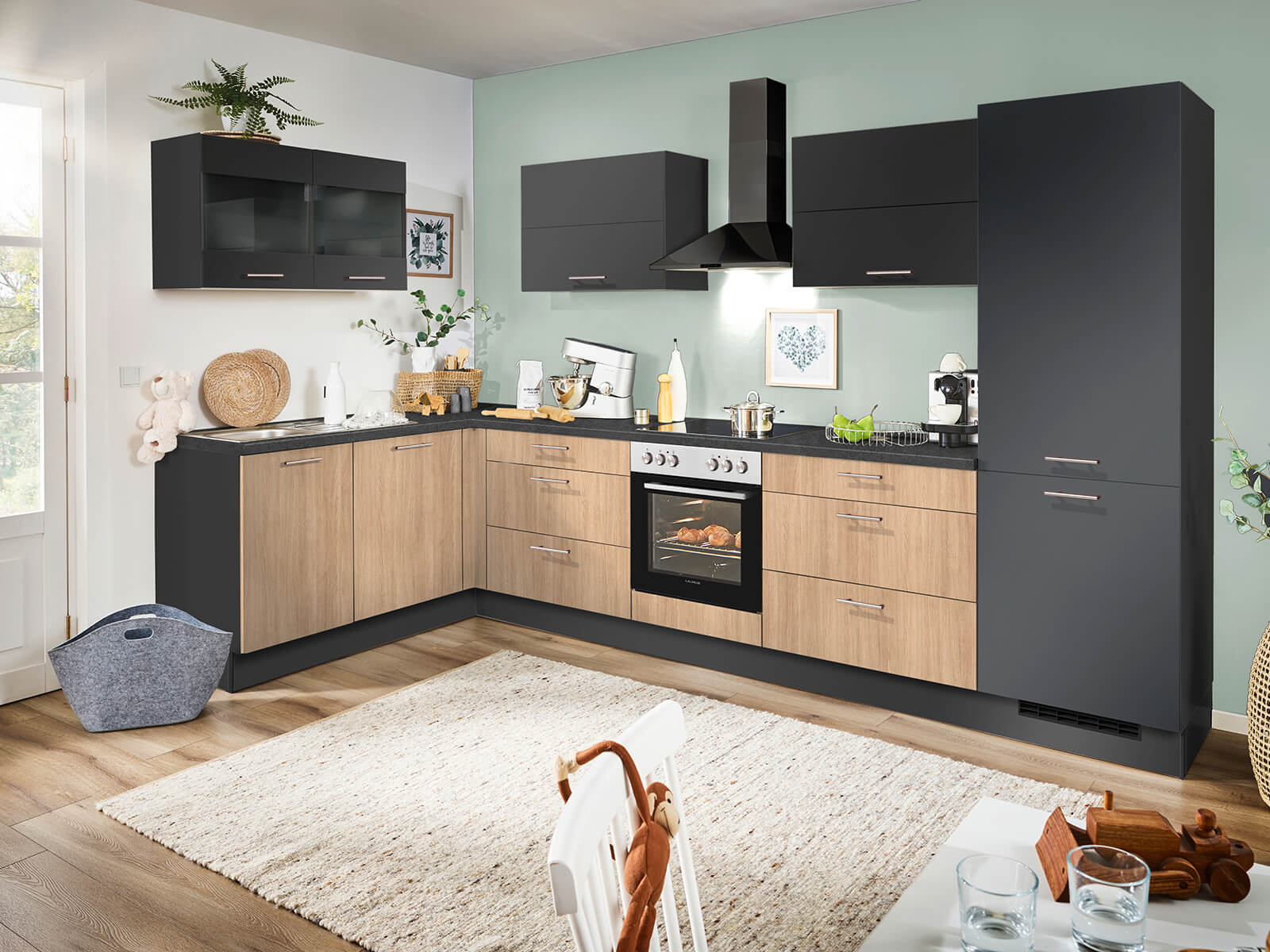 Winkelkueche L Kueche Eiche Aviva Grafit Optik Haenger Glassegmenthaenger M4522232003997971
