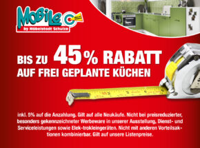 Bis zu 45 Prozent Rabatt auf frei geplante Küchen im Mobile. Diese sind individuell planbar.