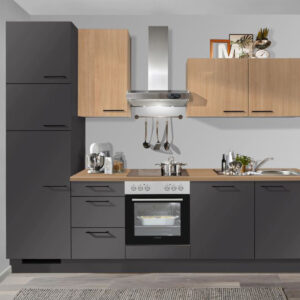 Kuechenzeile Farbe Grafit Mit Haenger Und Arbeitsplatte In Eiche Aviva Optik Mit Spuele Und E Geraeten M45222320339